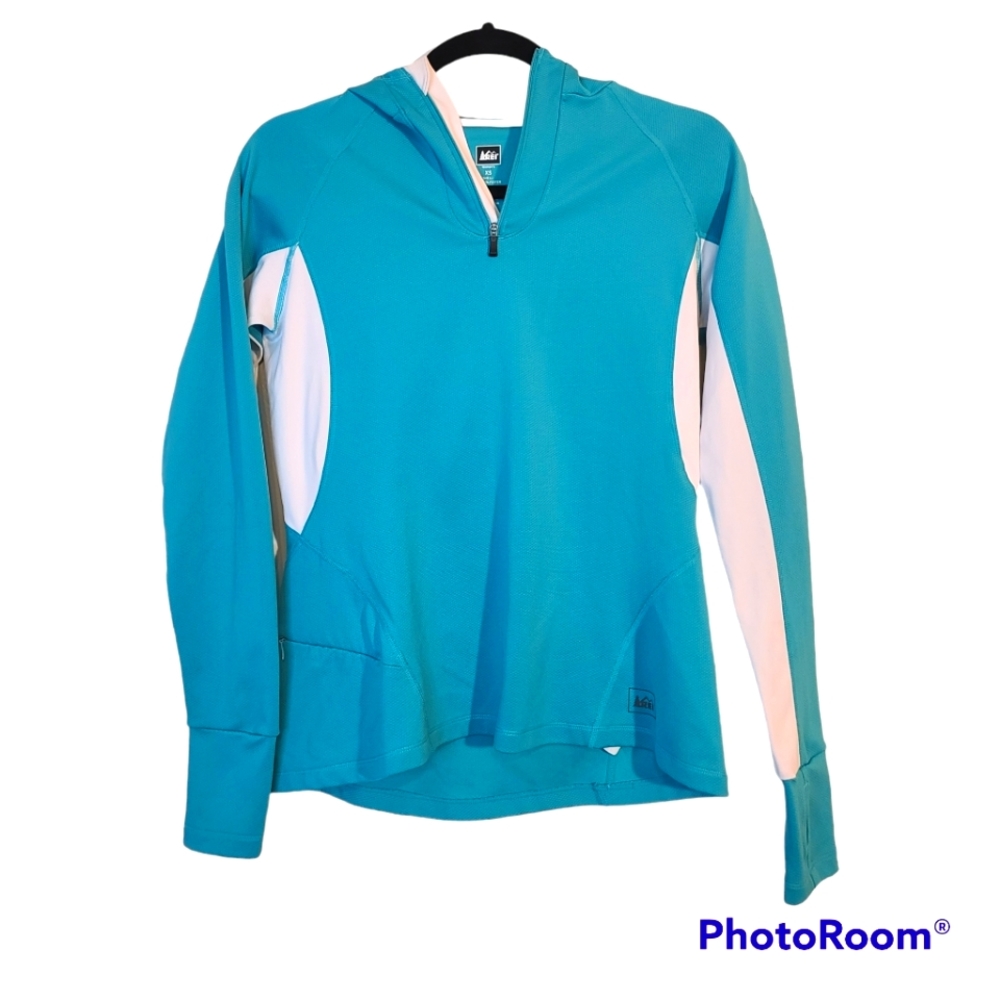 REI Blue & White 1/4 Zip Hooded Pullover Long Sleeve Track Jacket Size XS